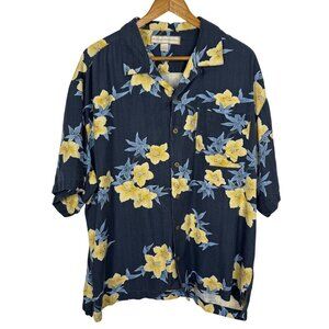 Bungalow Brand Silk Hawaiian Blue Yellow Floral Button Down Shirt Men's XL GUC